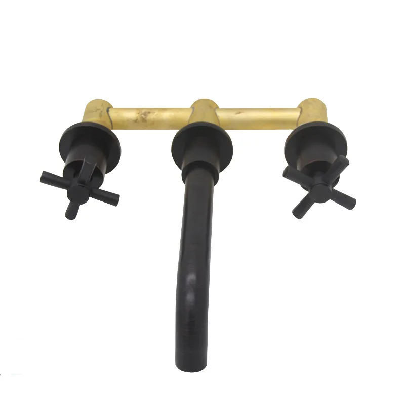 

Black Brass Double Handle Wall Mounted Bathroom Sink Mixer Tap Hot & Cold Chrome Finish Faucet with White/Polished Gold Options