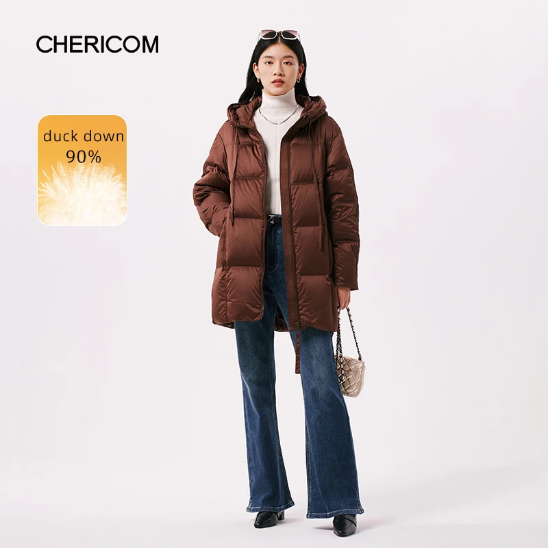 Chericom 겨울 여성용 미드 롱 후드 다운 재킷, 덕다운 두꺼운 캐주얼 따뜻한 패딩 재킷, 단색 지퍼 오버코트 299116