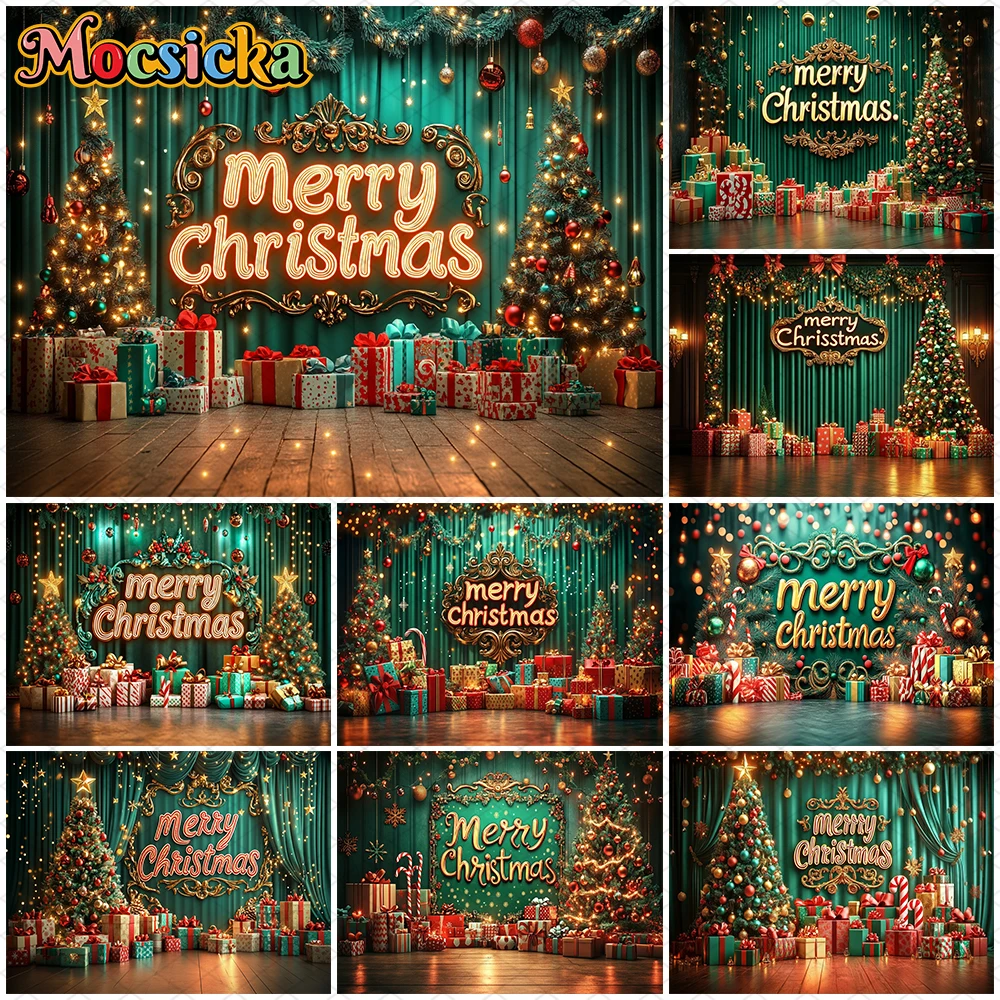 

Mocsicka Merry Christmas Photography Backdrops New Year Party Green Tree Curtain Decors Birthday Photo Backgrounds Studio Banner
