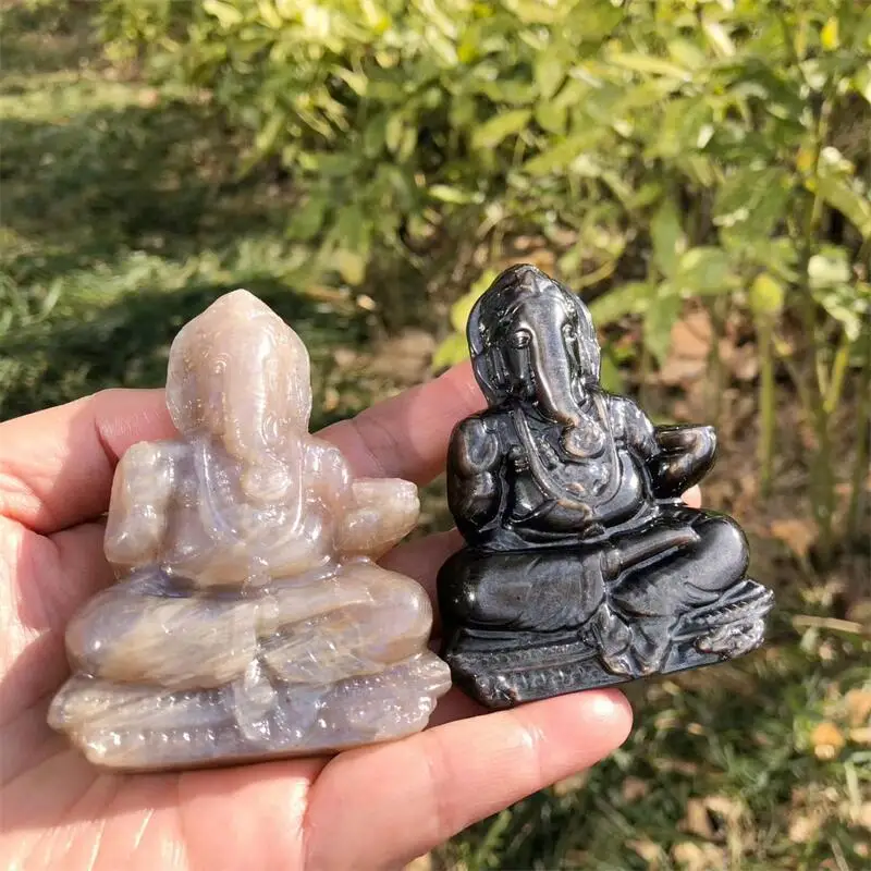

Natural Aventurine Obsidian Ganesha Statue Carving Figurine Room Ornament Healing Gem Collection Decoration 1pcs