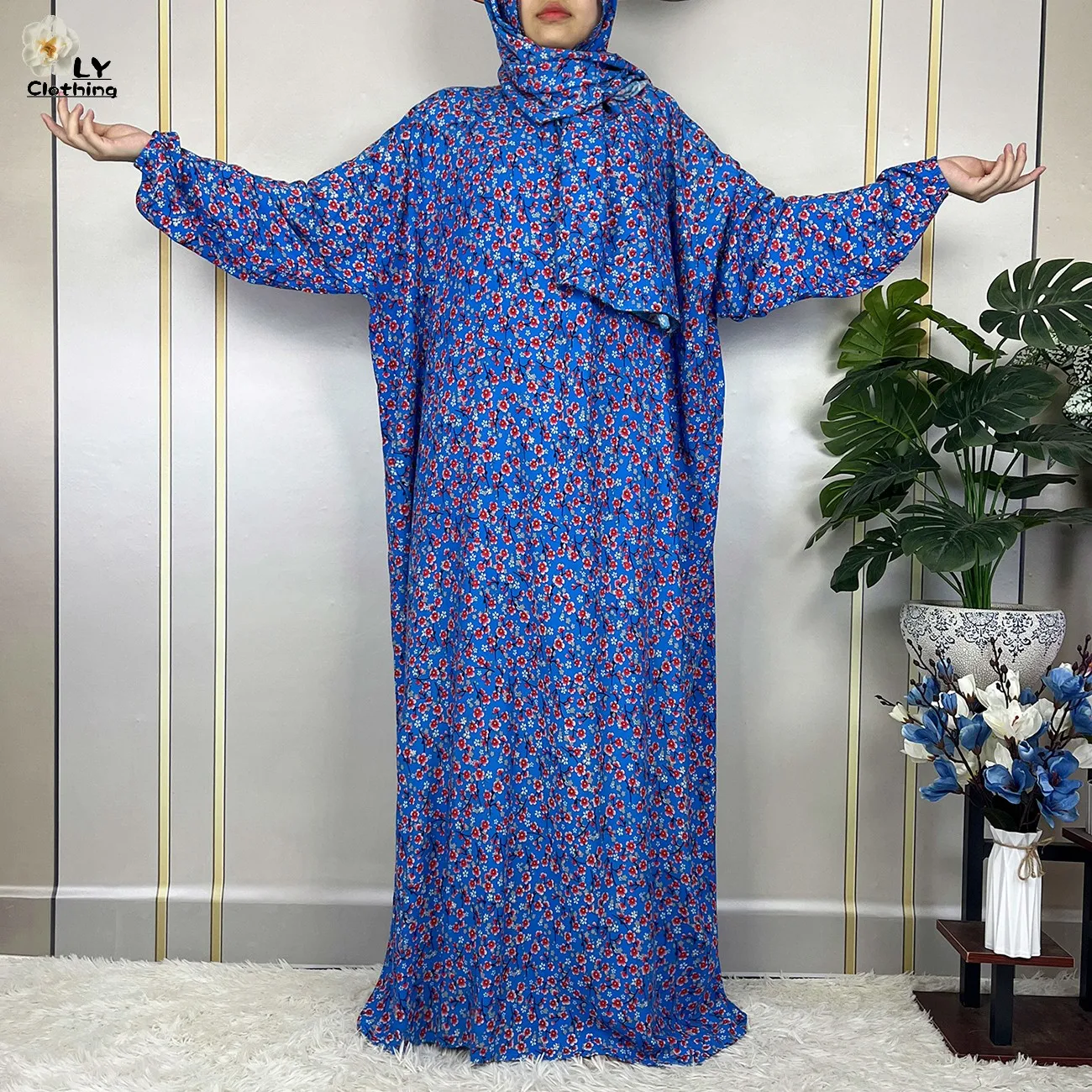 New African Abaya Long Sleeved Cotton Muslim For Women Ramadan Prayer Turkey Middle East Femme Robe Floral Loose Dress Headscarf