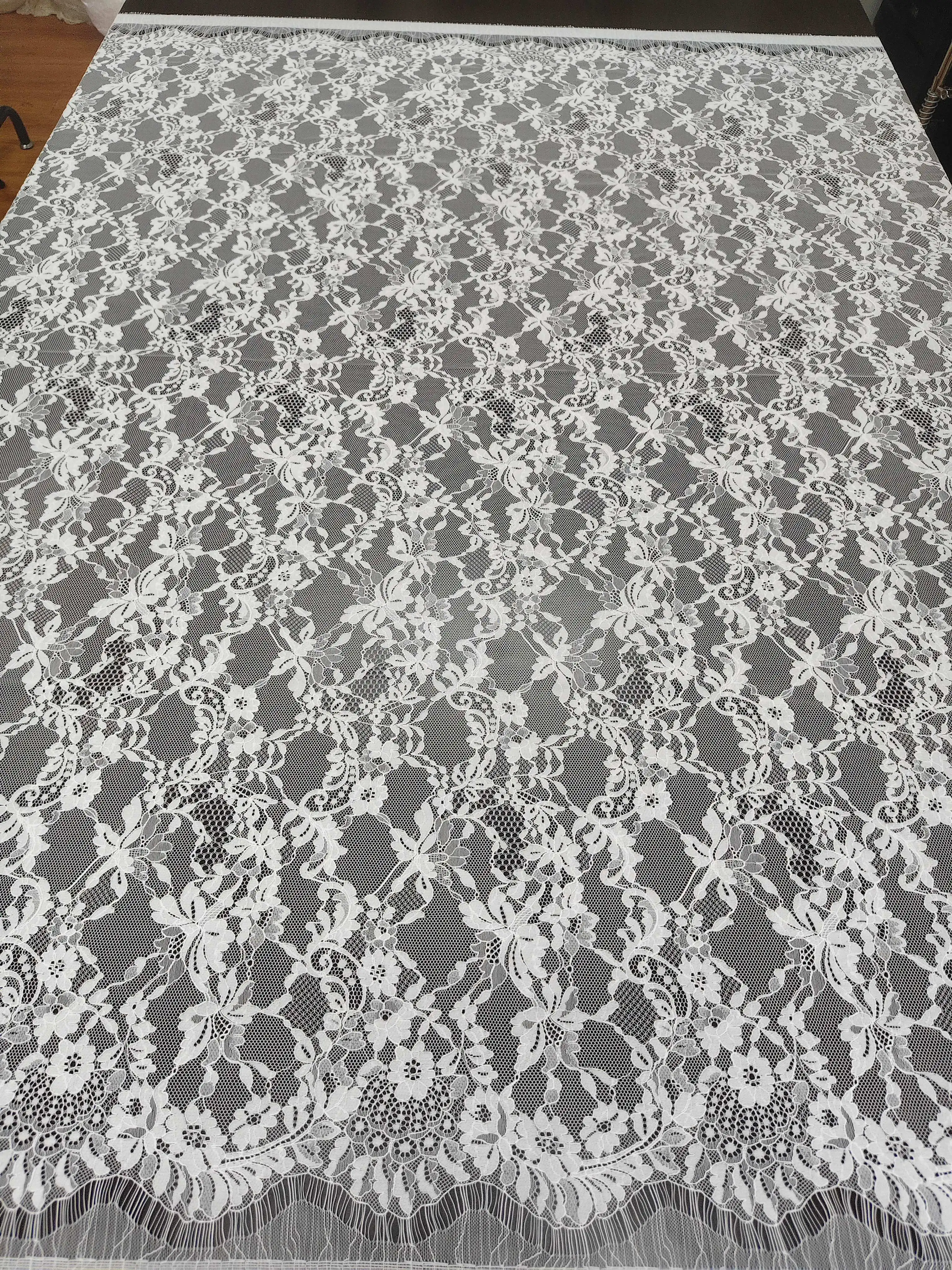 Large Floral Chantilly Lace Fabric Hollow‑Embroidered Sheer Tulle Lace Scalloped Edge for Wedding Dress