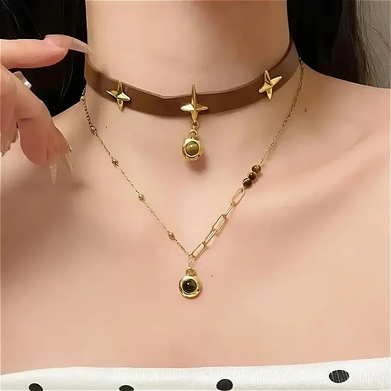 

Tiger Eye Stone Necklace Retro Coffee Color 20-50cm Star Leather Choker Versatile Stacked Neck Chain Girls Jewelry Gift Set