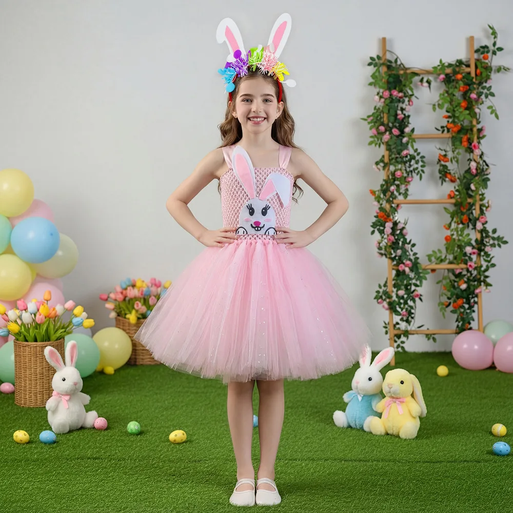 

Girls Pink Easter Bunny Costume Kids Cute Animal Rabbit Tutu Dress Up Clothes Toddler Girl Halloween Birthday Party Tulle Dress