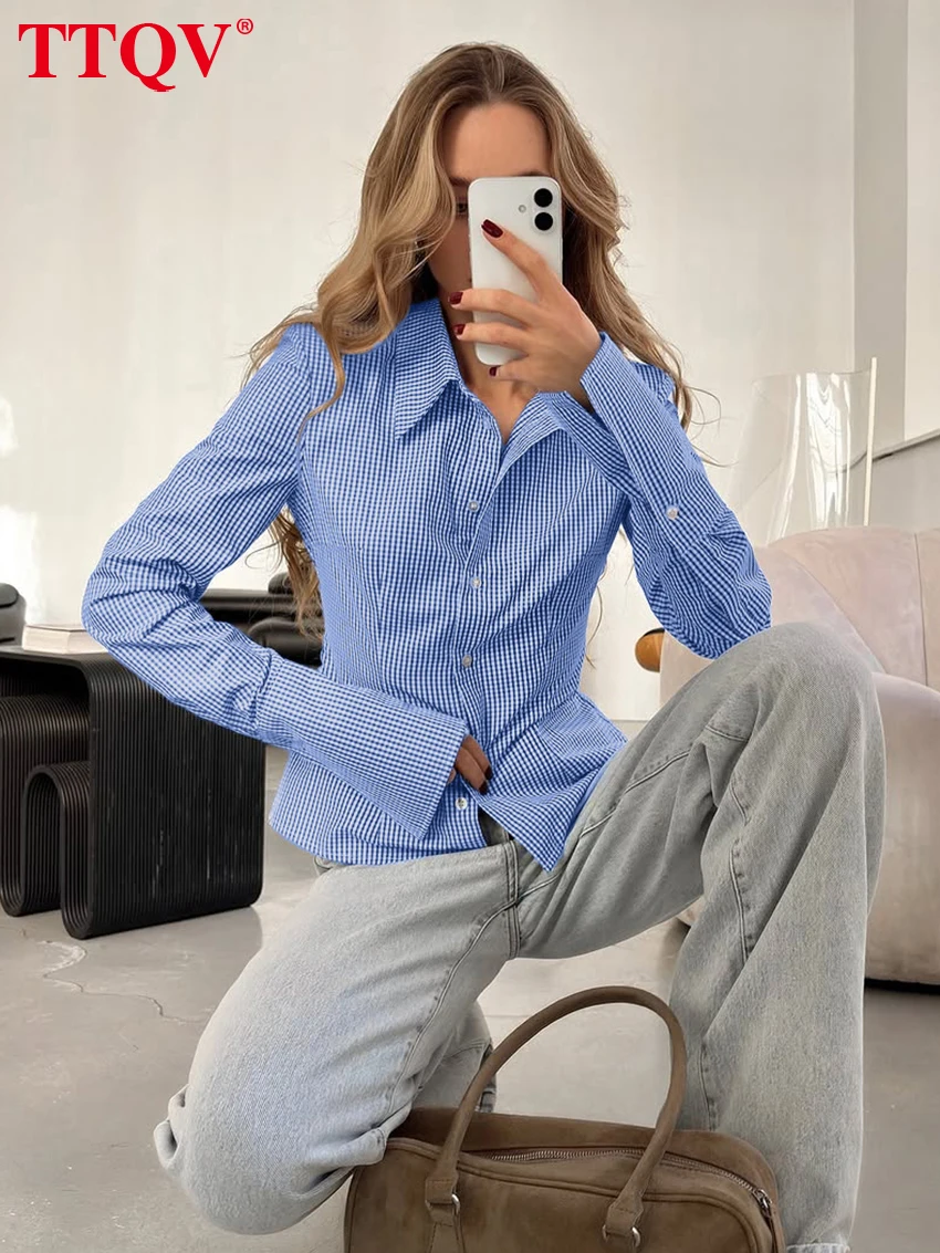 

TTQV Fashion Blue Plaid Women's Shirt 2026 Spring Lapel Long Sleeve Blouse Lady Elegant Classic Top Female Clothing Streetwear