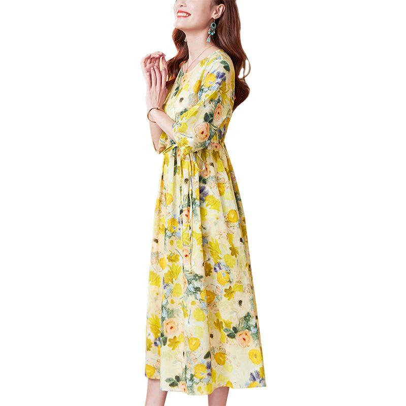 Elegant O-คอพิมพ์SplicedหลวมShirringผ้าพันคอBow Midiชุดเสื้อผ้าผู้หญิง 2025 ฤดูร้อนใหม่Office Ladyชุดดอกไม้
