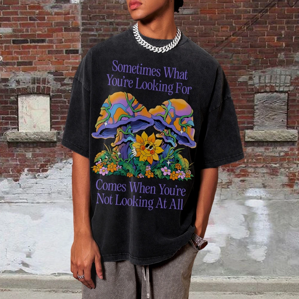 Contrasting Color Cotton T-Shirt Mushroom Sunny Gui Flower Letter Print High Gram Weight Round Neck Shoulder Short Sleeve