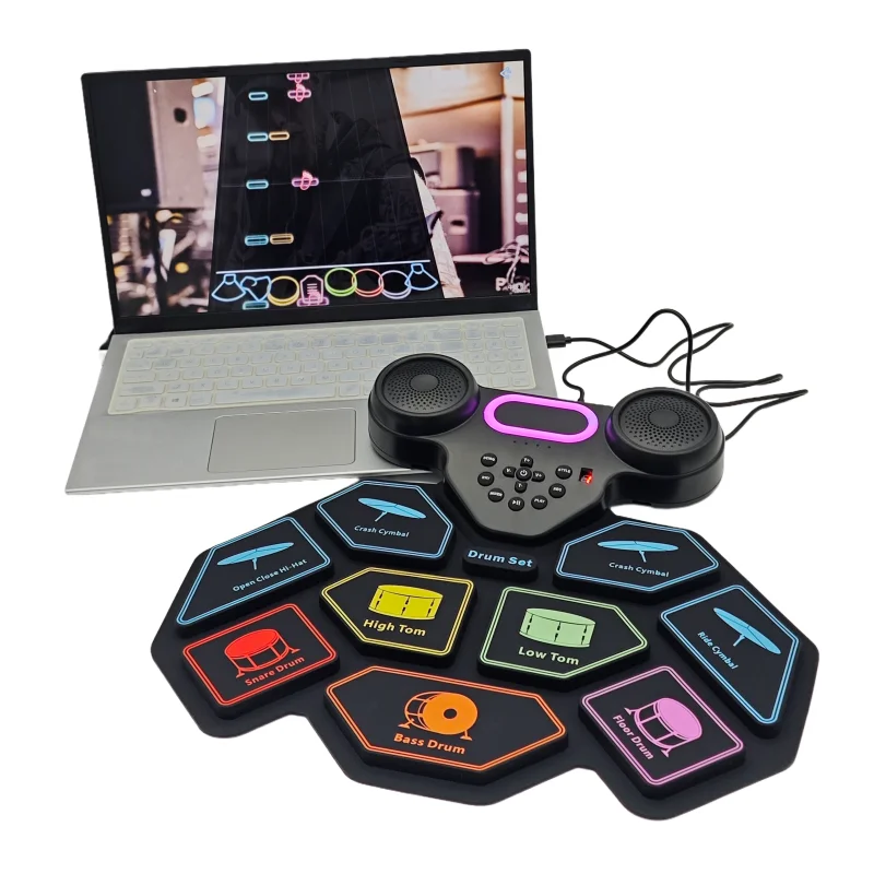 Flexible Roll-Up Electronic Drum with Foot Pedals, Lights, and Bluetooth Connectivity