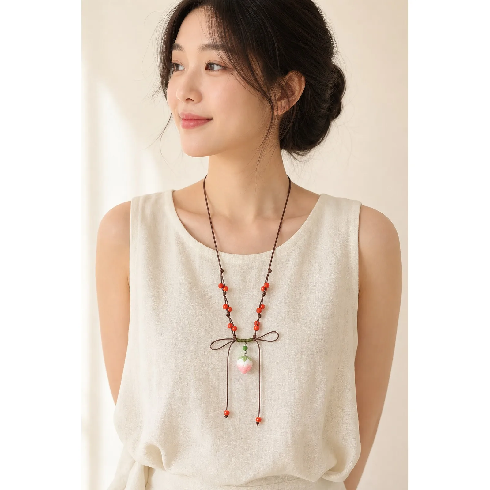 Handmade Fresh Strawberry Ceramic Bead Pendant Necklace Adjustable Cord Jewelry Accessory for Women Y260706-17