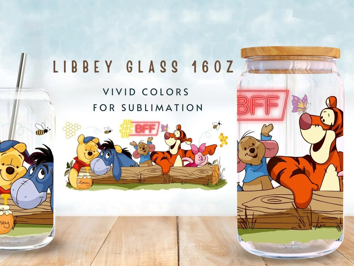 Disney Winnie the Pooh UV DTF Cup Wrap for 16Oz Libbey Glass Can DIY Transfer Sticker