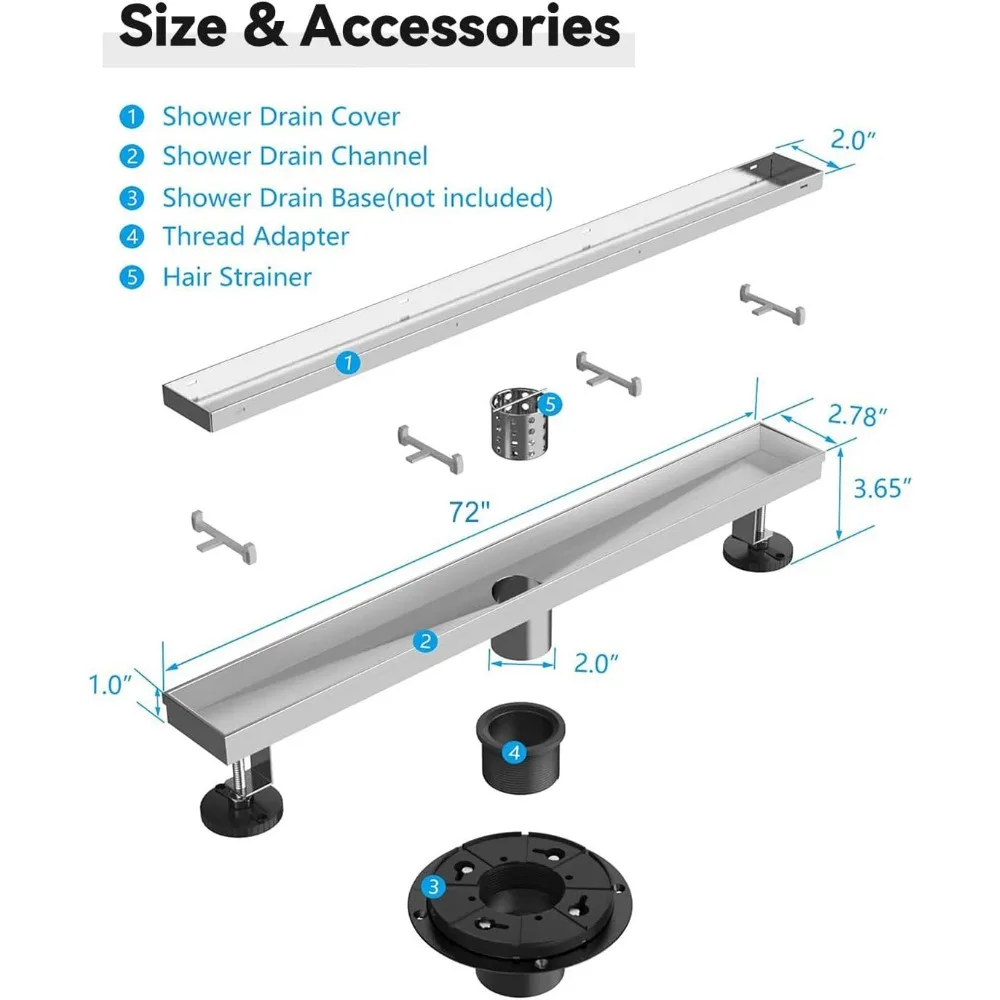 Shower Drain, Linear Shower Drain 72 Inch Steel Shower Floor Drain with Tile Insert Grate,Adjustable Feet,Hair Filter