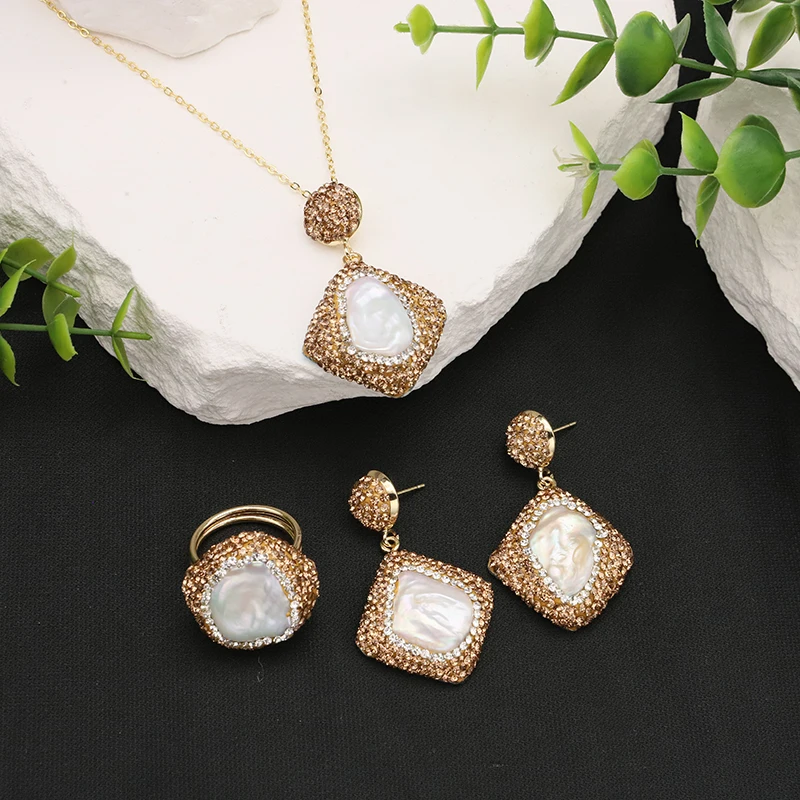 GLSEEVO Natural Baroque Shaped Pearl Women Jewelry Necklace Earring Ring Set Rhinestone Inlaid Exquisite Jewelry  Luxury Fashion