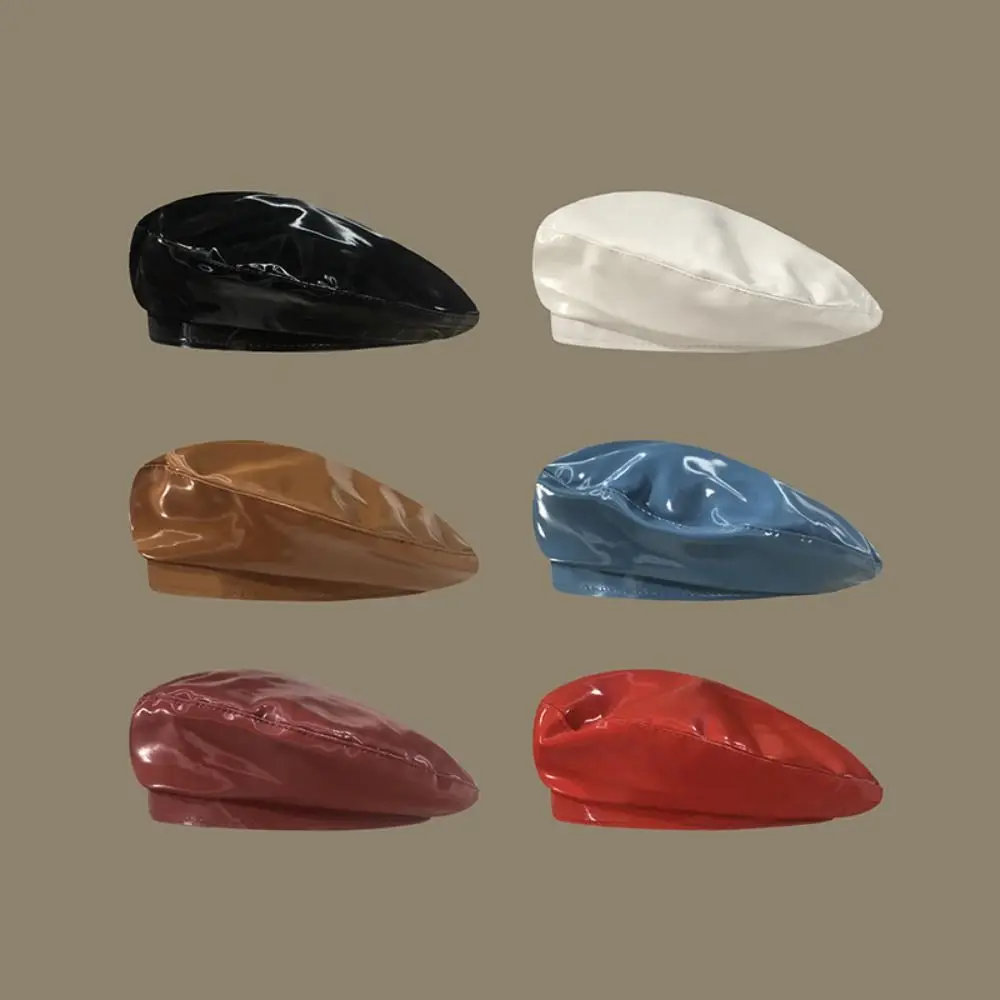 Versatile PU Leather Beret Retro Solid Color Glossy Leather Beret Korean Style Bright Patent Leather Beret for Men and Women
