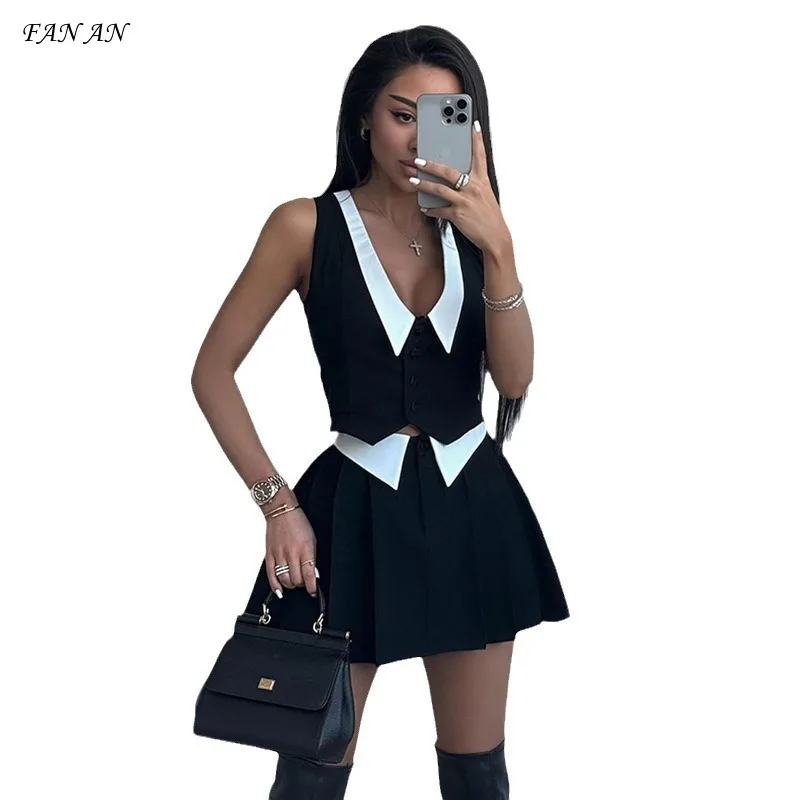 Summer New Women's Fashion Fashion Street Shoot Doll Collar Sleeveless Crop Top High Waist Skirt Casual Two-piece  Skirt Suit