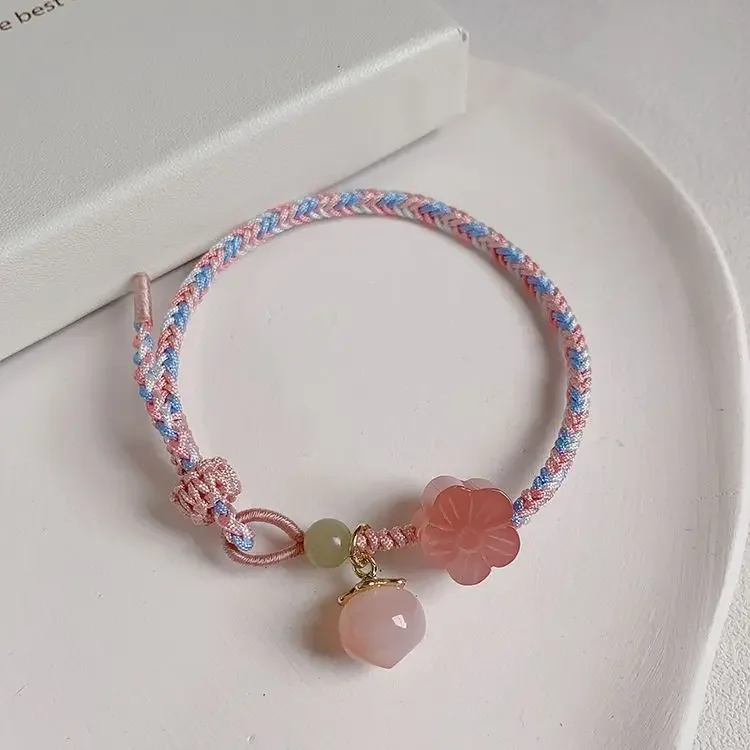 2026 New Hand-Made Peach Blossom Agate Hetian Jade Carrying Strap Hand-Woven Special-Interest Design Lucky Bracelet