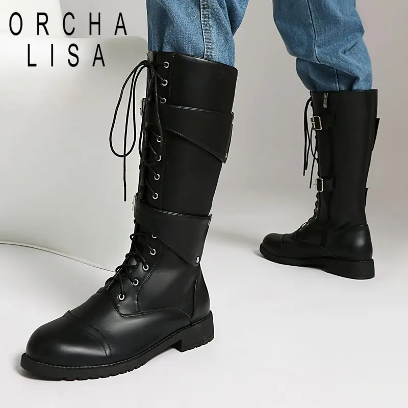ORCHA LISA Casual Retro Style Men's Riding Boots Round Toe 3cm Thick Heel Zipper Lace Up Rivets Large Size 47-49 Casual Daily