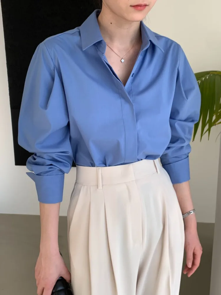 

Ele Single-Button Bubble-Sve irt Women's Early Autumn New Basic Pure Color Versatile Top Commute Sle Long Sve
