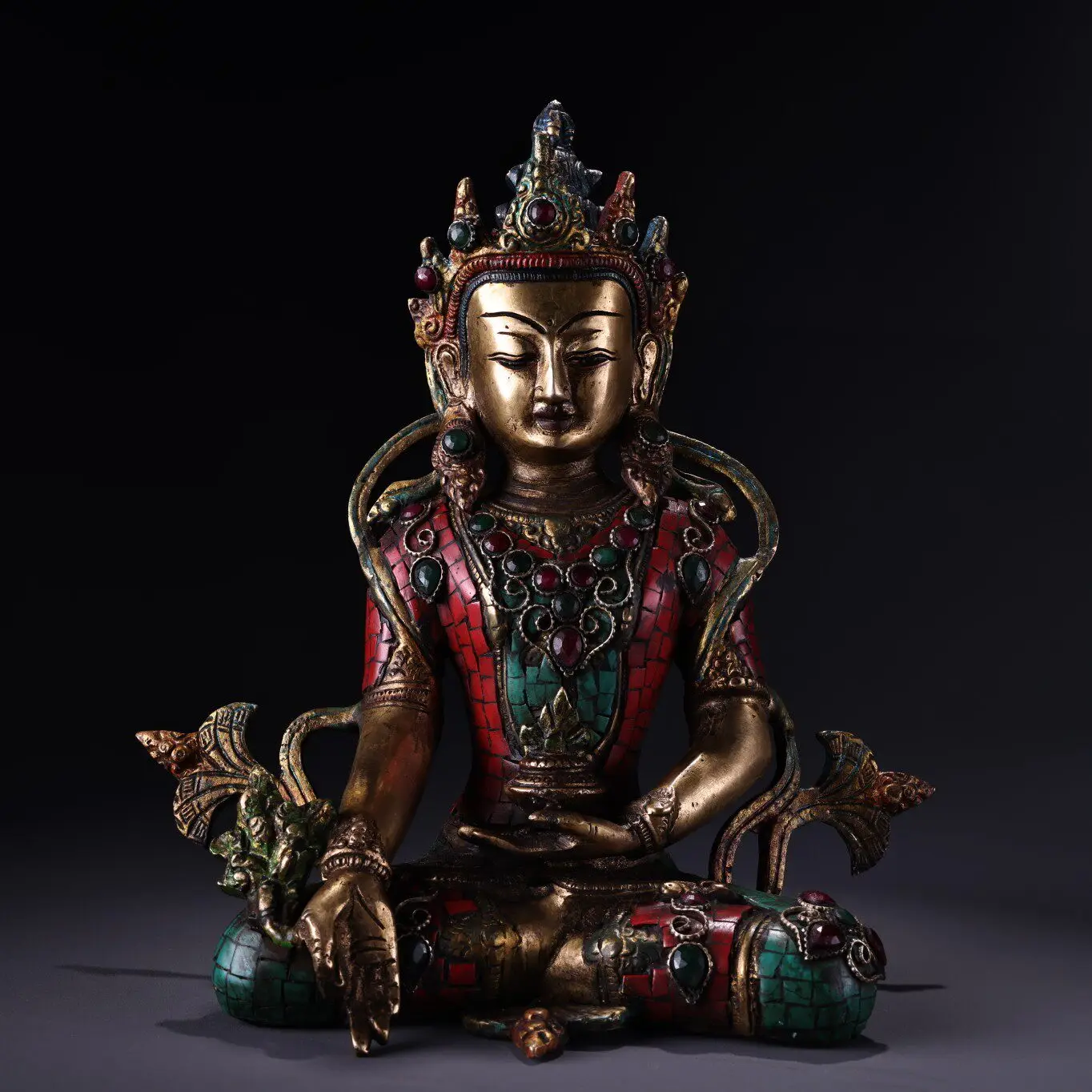 Copper Gem Inlaid Painted Gold Highlight Medicine Buddha Statue Heavy Patina Fine Craftsmanship