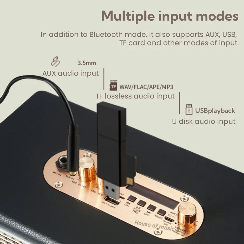 مكبر صوت بلوتوث خشبي عتيق خارجي ، عمود محمول ، صوت ستيريو هاي فاي ، مكبرات صوت ذكية ، طاقة ذروة 50 واط ، M7