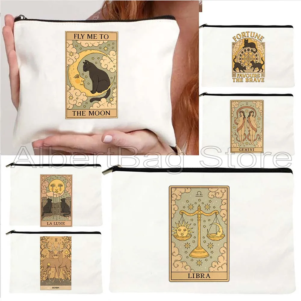 Gatos La Lune Sun Moon Zodíaco Acuario Aries Virgo Tauro Sagitario Tarot Card Maquillaje cosmético Bolsa de aseo Estuche para lápices