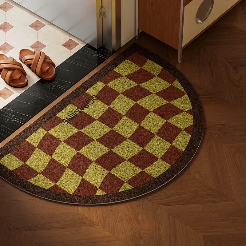 American Vintage Checkered Semi-Circle Wire Loop Door Mat Non-Slip Foot Mat Entrance Porch Dust Resistant Dirt Mat Carpet
