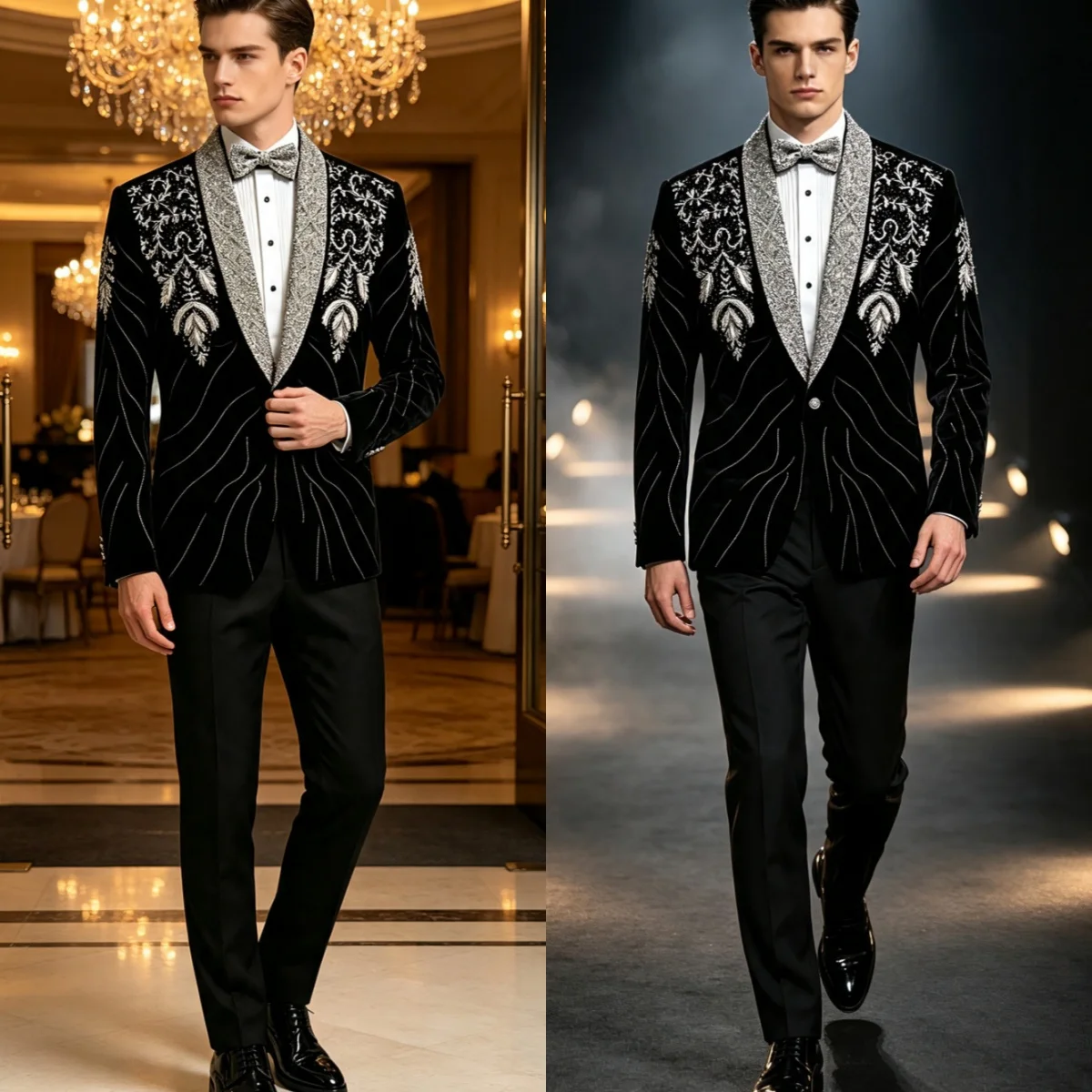Glamorous Wedding Tuxedos Velvet Beaded Single Breasted Men Suit Handsome 2 Piece Set Jacket Pant Blazers Banquet Customized