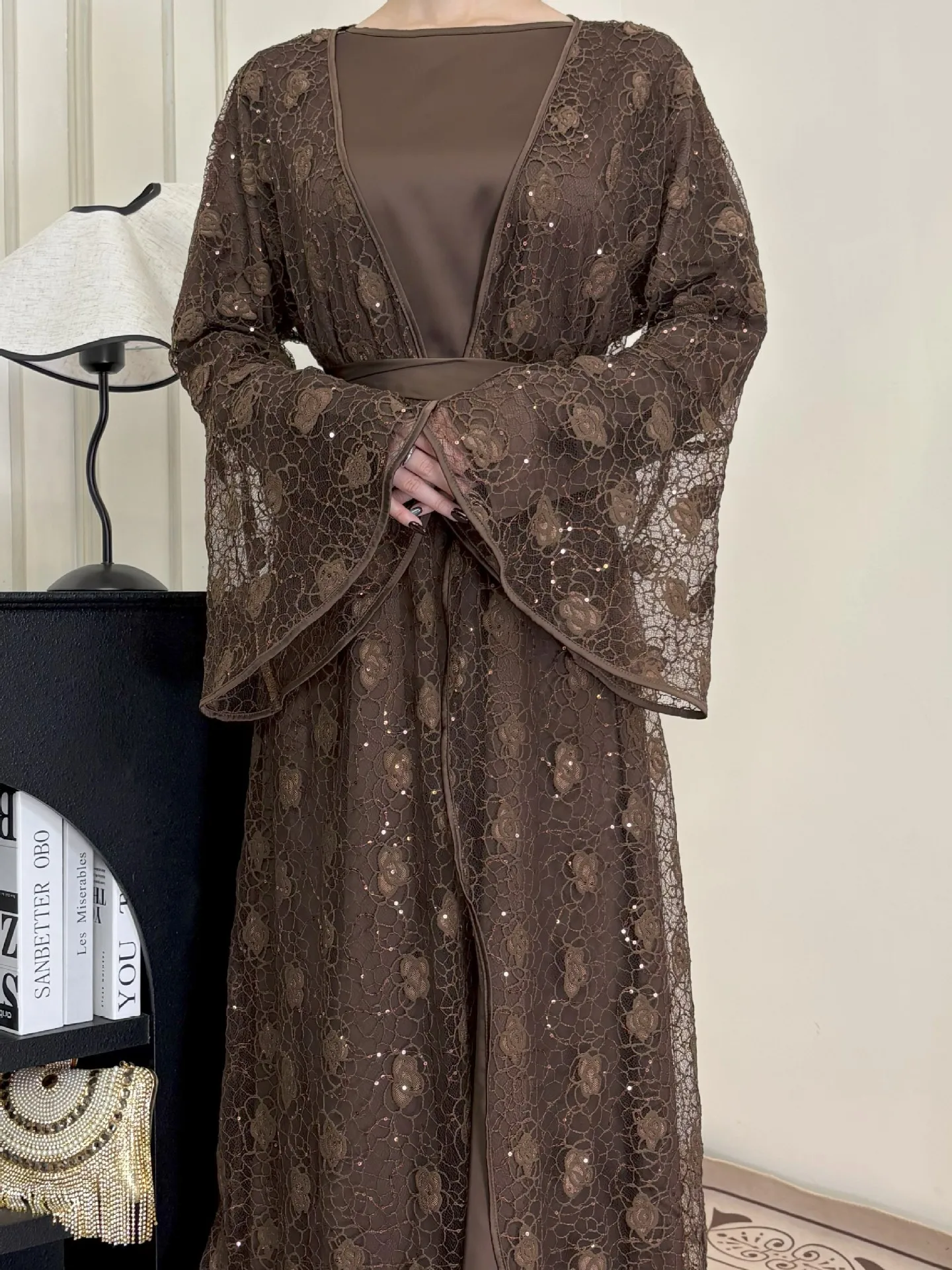 

Lace Kimono Cardigan Muslim Sets for Women Long Dress Dubai Open Abaya Turkey Kaftan Ramadan Islam Clothing Robe Kebaya Outfits