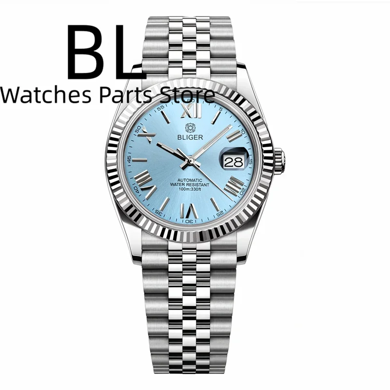 

BLIGER 36mm39mm Roman Sky Blue Dial Mechanical Watches For Man Fluted Bezel With Sapphire Glass Jubilee Bracelet Date Waterproof
