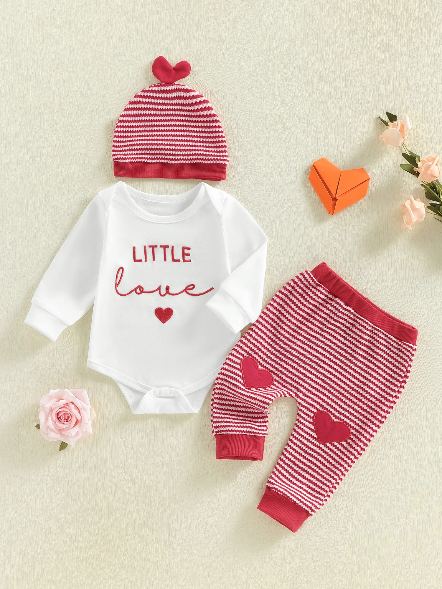 

Toddler Boys Valentine s Day Clothing Set Long Sleeve Crew Neck Letter Print Romper Striped Pants Hat Outfit Ensemble