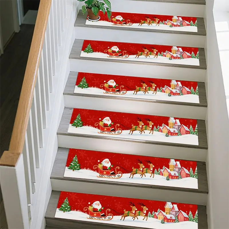 VIKAMA Christmas Stair Treads Non Slip Staircase Mat Santa Reindeer For Indoor Wooden Stairs Holiday Step Rug 15 Pcs Home Decor