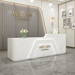 custom.led reception desk salon logo reception desk white  cash counter boutique checkout counter