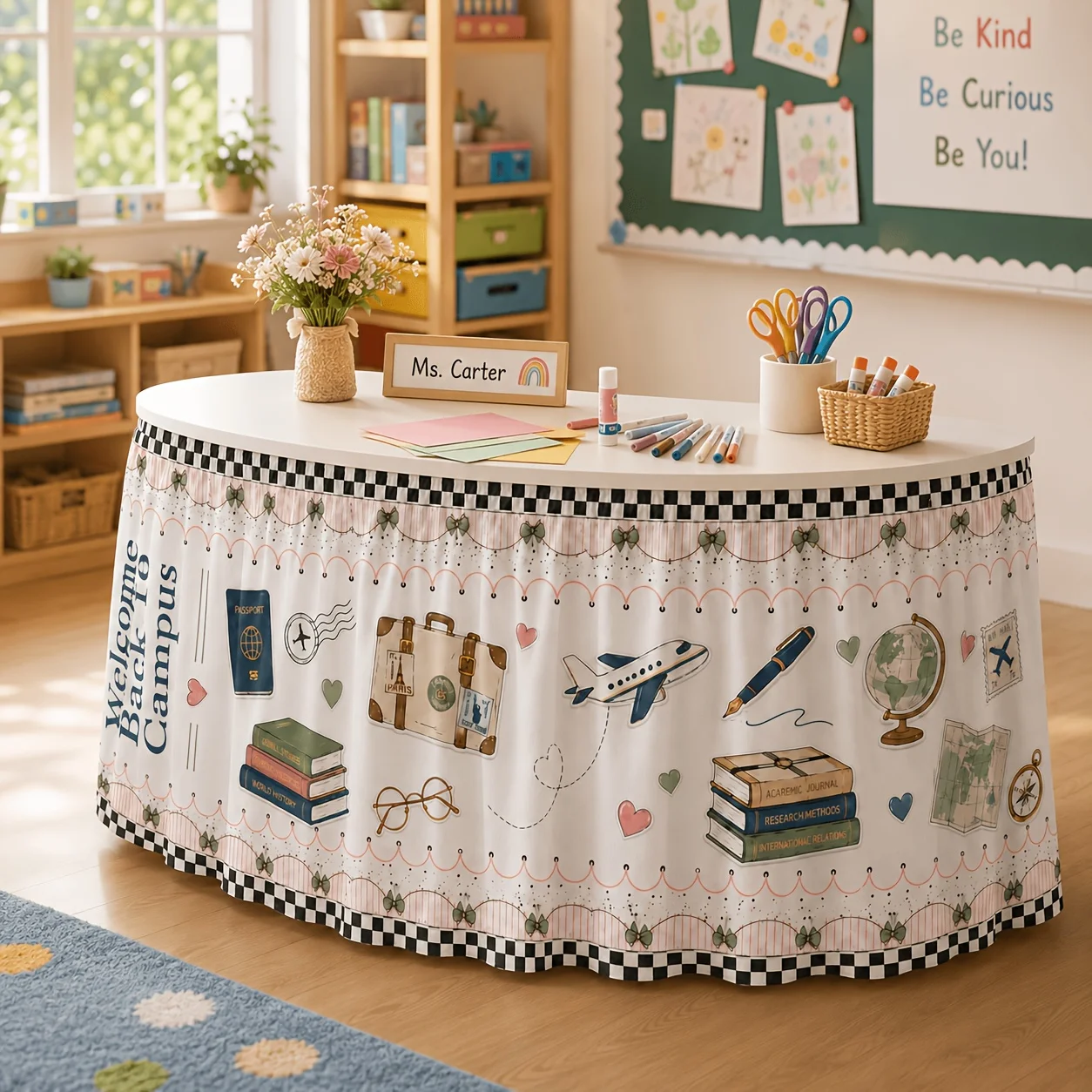 Tablecloth table skirt 1 piece, polyester. Welcome back to school. Travel globe luggage box.