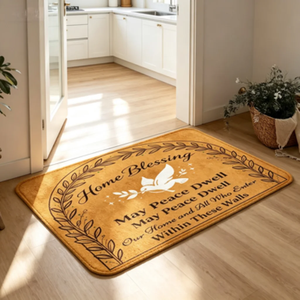 Foldable Celtic Bird Mat, Hello Text Easy Care Runner, Non-Slip Dove Olive Branch Mat.