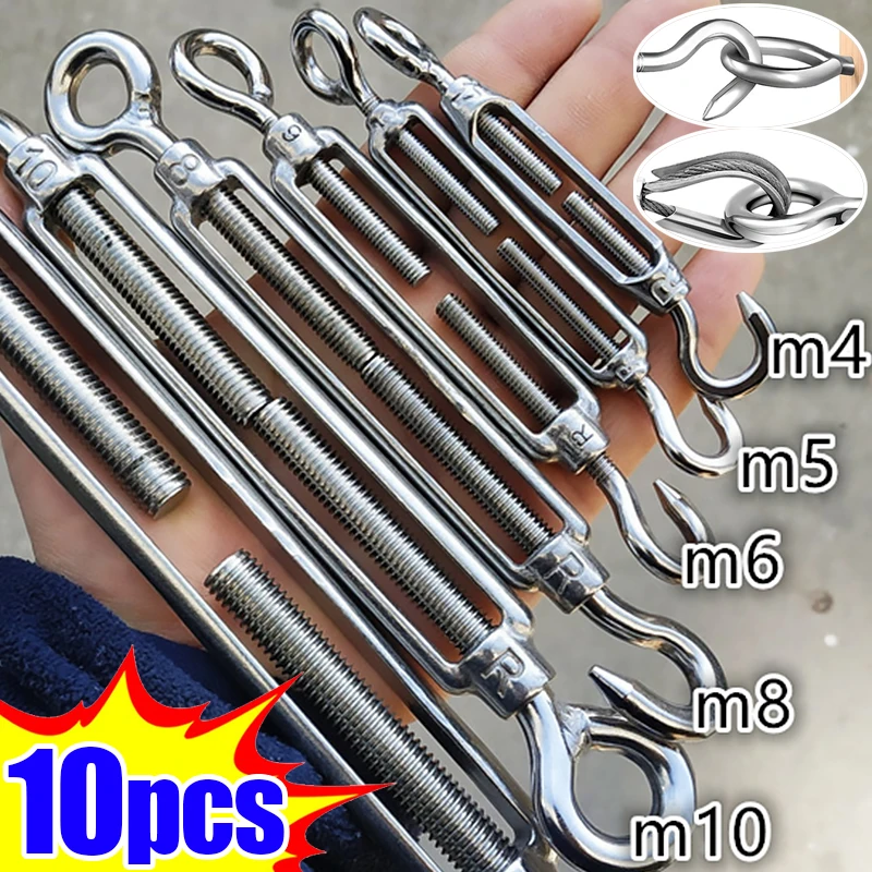 

10/1pcs Stainless Steel Hook and Eye Tensioners Heavy Duty OC Type Turnbuckle Adjustable Wire Ropes Tensioner Locking Device