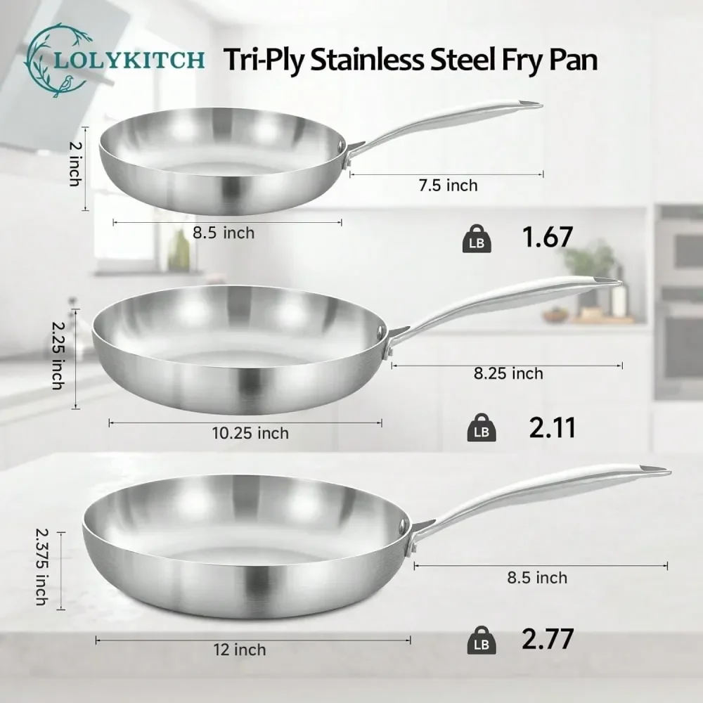 

304 Stainless Steel Frying Pan 3pcs Set, Chef Pan, Wok, Stew Pan, Induction Cookware, Pot Set, Dishwasher