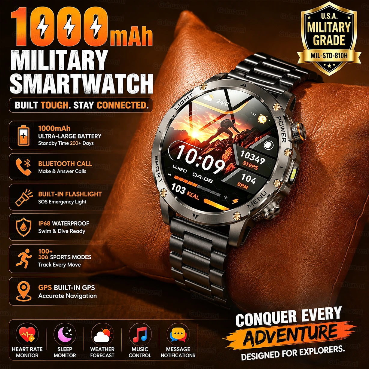 Nouvelle Montre Connectée Homme 1000mAh Bateria Militaire Éclairage Extérieur Sportive Étanche Télémètre Rappel de Rythme Cardiaque Santé Sommeil Suivi Sportif Bracelet Bluetooth Appels Android iOS GPS Cadeau Homme