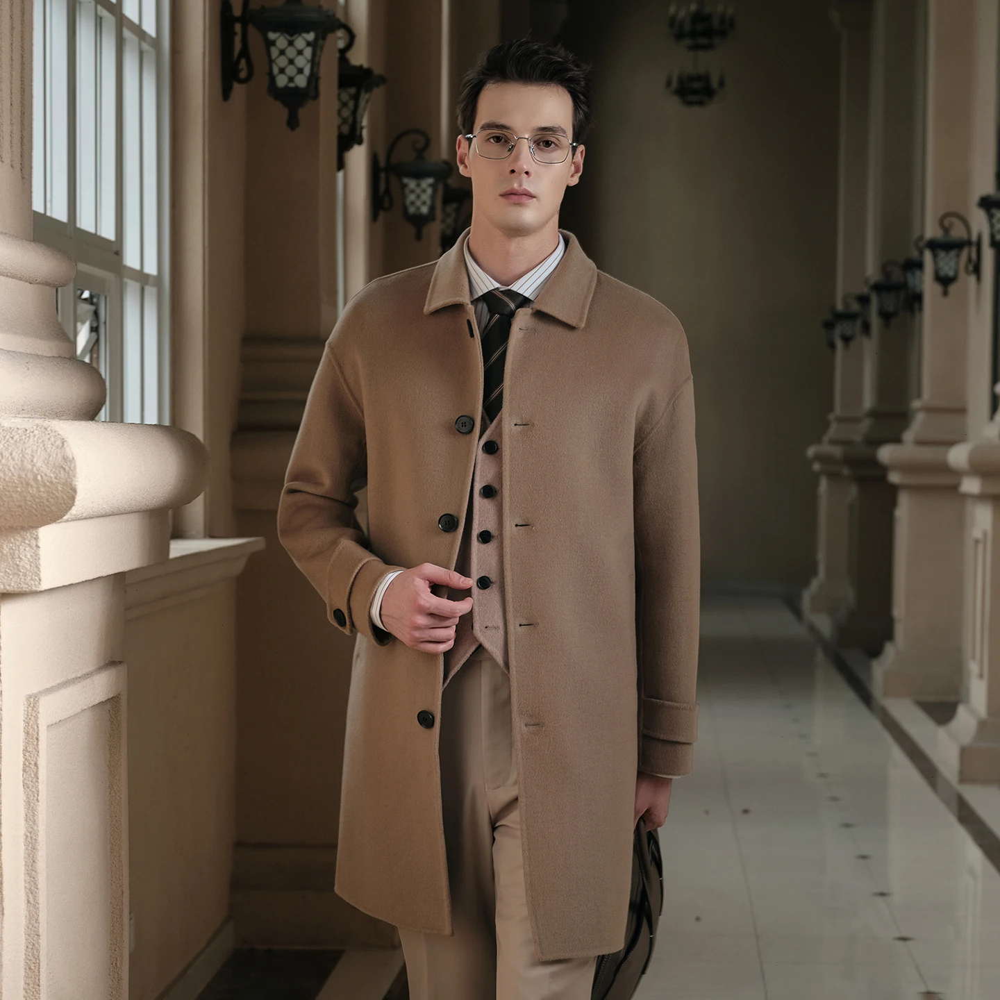 الكلاسيكية الفرنسية الرجال معطف من قماش الكشمير منتصف طول نمط ميرينو معطف الصوف واحدة الصدر الديكور معطف الأعمال عالية الجودة #5