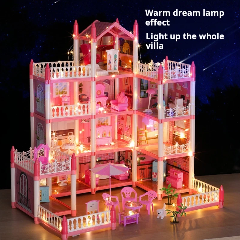 Large Dollhouse, Toddler House for Girls - with Dolls, Furniture, Accessories, LED Lights, 4 Stories Princess Dream House Toys