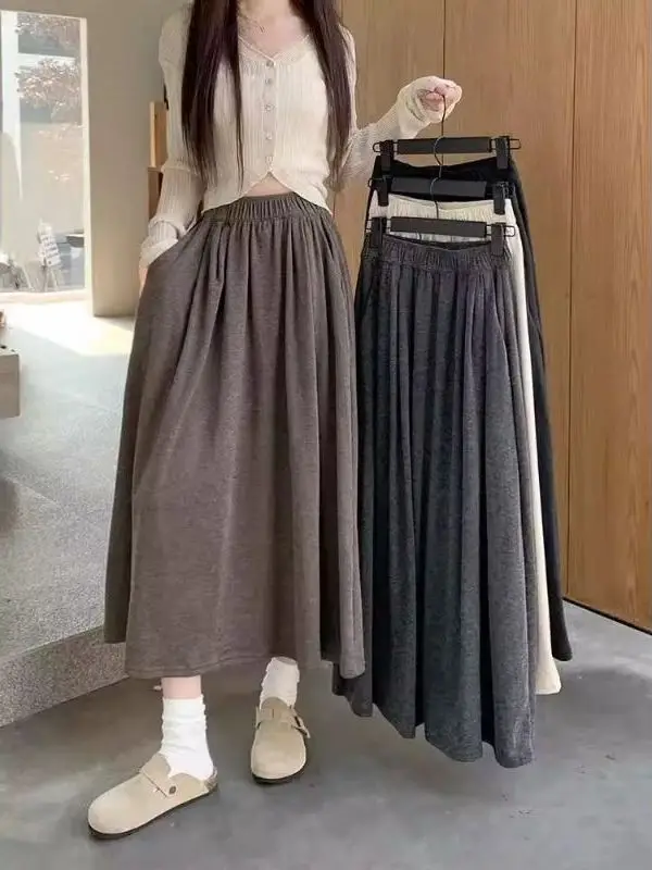 

plus Size Women's Mid-Length A-Line Skirt Wool Blend Spring Autumn Winter Versatile High Waist Korean Sle Polyester Fiber