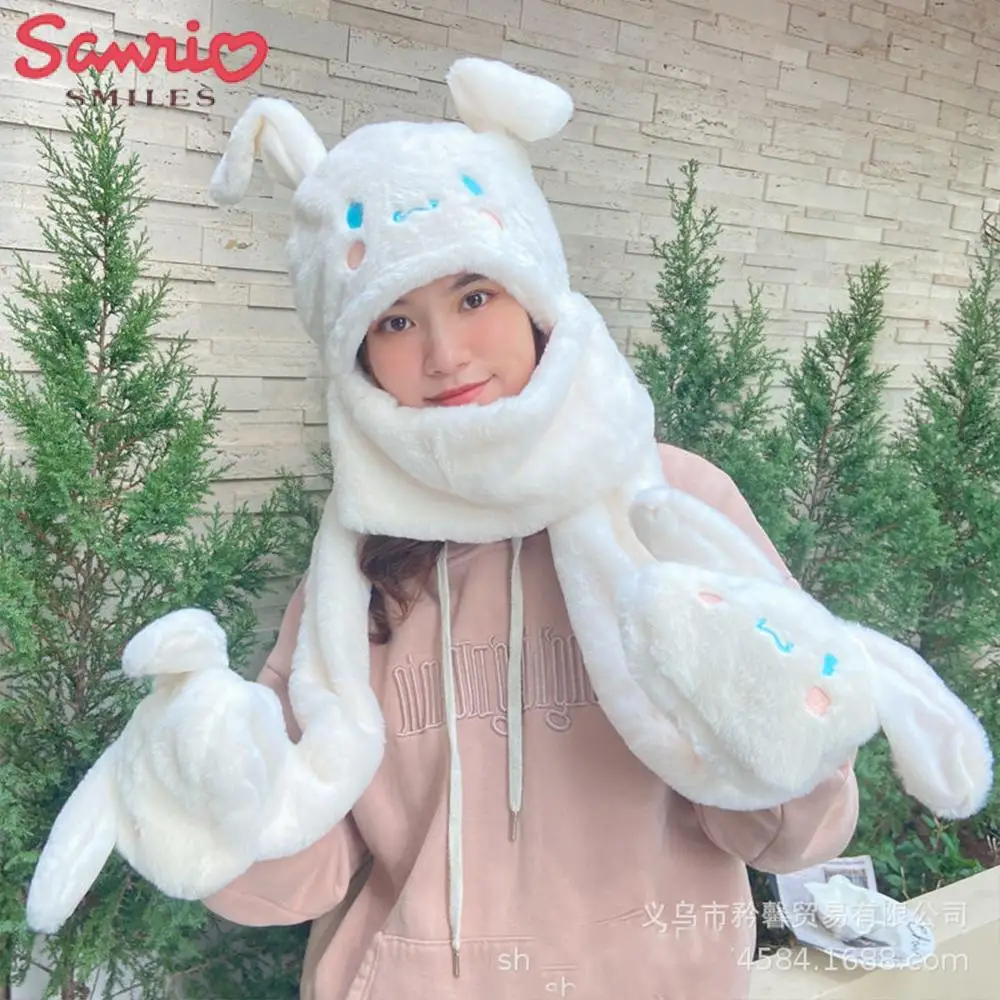 Topi, Syal, dan Sarung Tangan Boneka Cinnamoroll dengan Telinga Bergerak, Sanrio Kawaii Kuromi, Musim Dingin, Tebal, Lucu, Hangat, Hadiah untuk Pacar, Festival