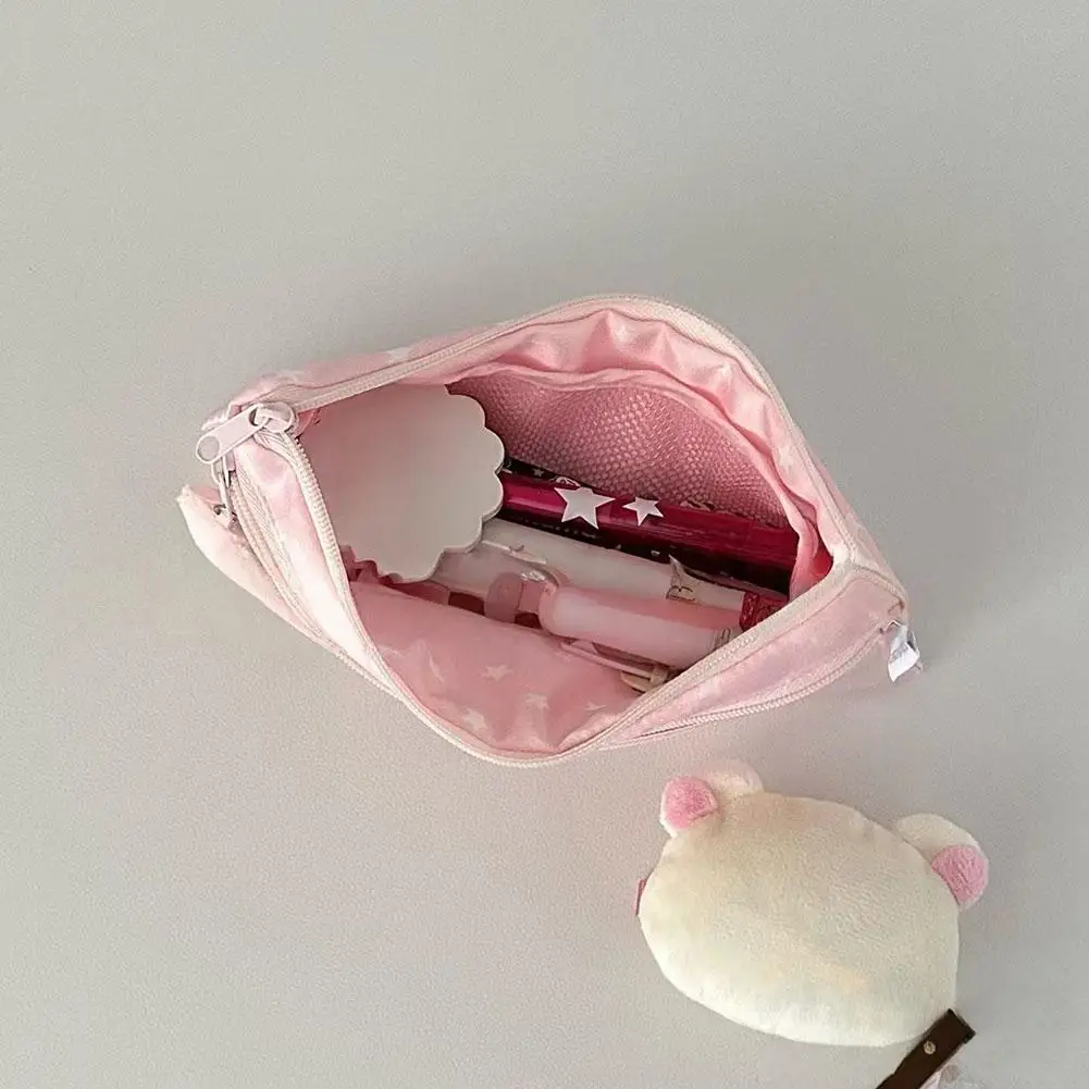 Pink Pen Bag Cute Cartoon Star Rabbit Pattern Plush Large Capacity Pencil Case Zipper Design Stationery Storing Bag Students