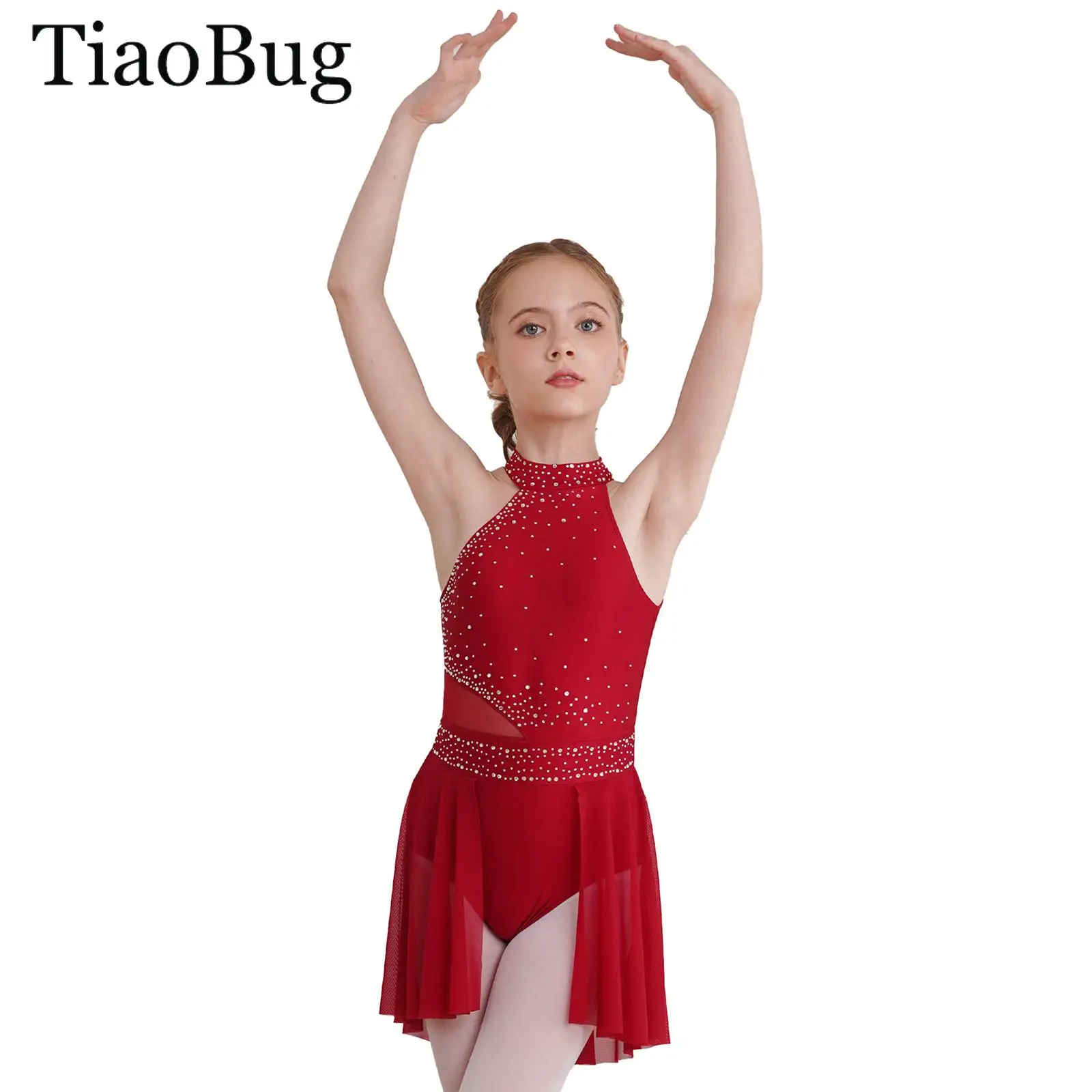 

Kid Girls Ballet Lyrical Dance Leotard Dress Irregular Hem Rhinestone Figure Skating Dress Rhythmic Gymnastics Stage Performance