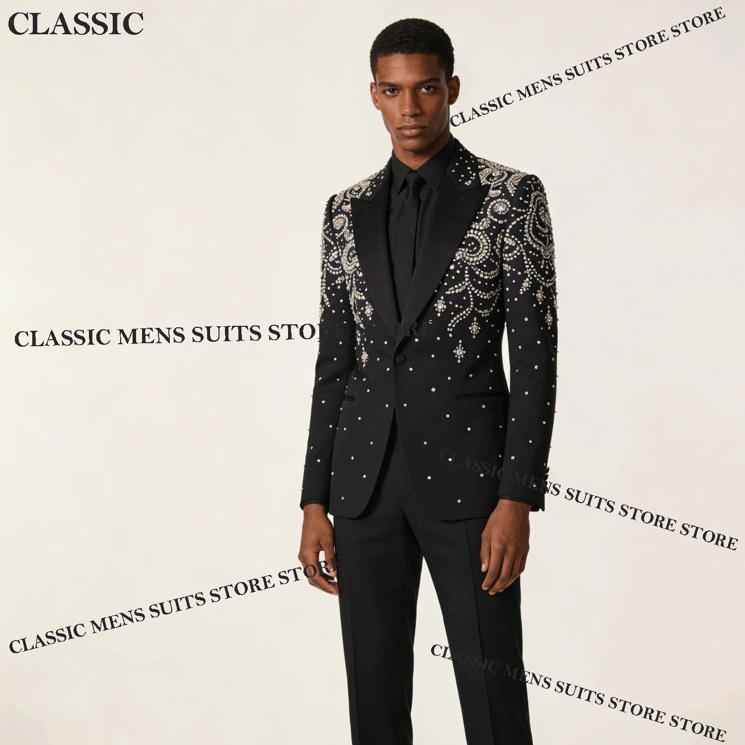 

Glitter Customized Tuxedos Men Suits Luxury Diamond Decoration Peaked Lapel Groom 2 Pieces Set Wedding Male Prom Blazers suits