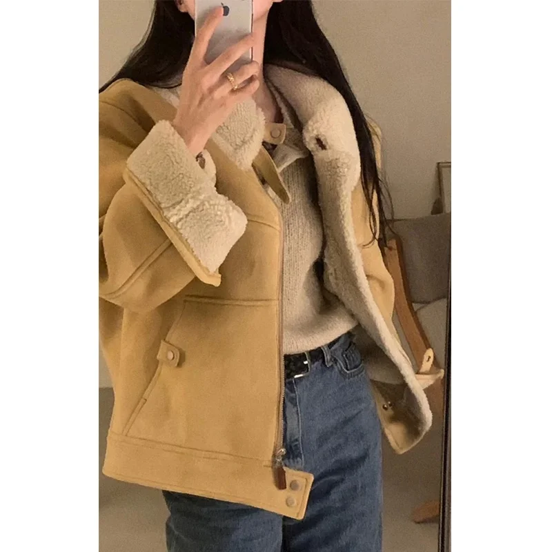 

Ele Stand Collar Suede Leather Fur Inteated Jaet Women's Faionable Simple Design Autumn Outerwear MICOAT2