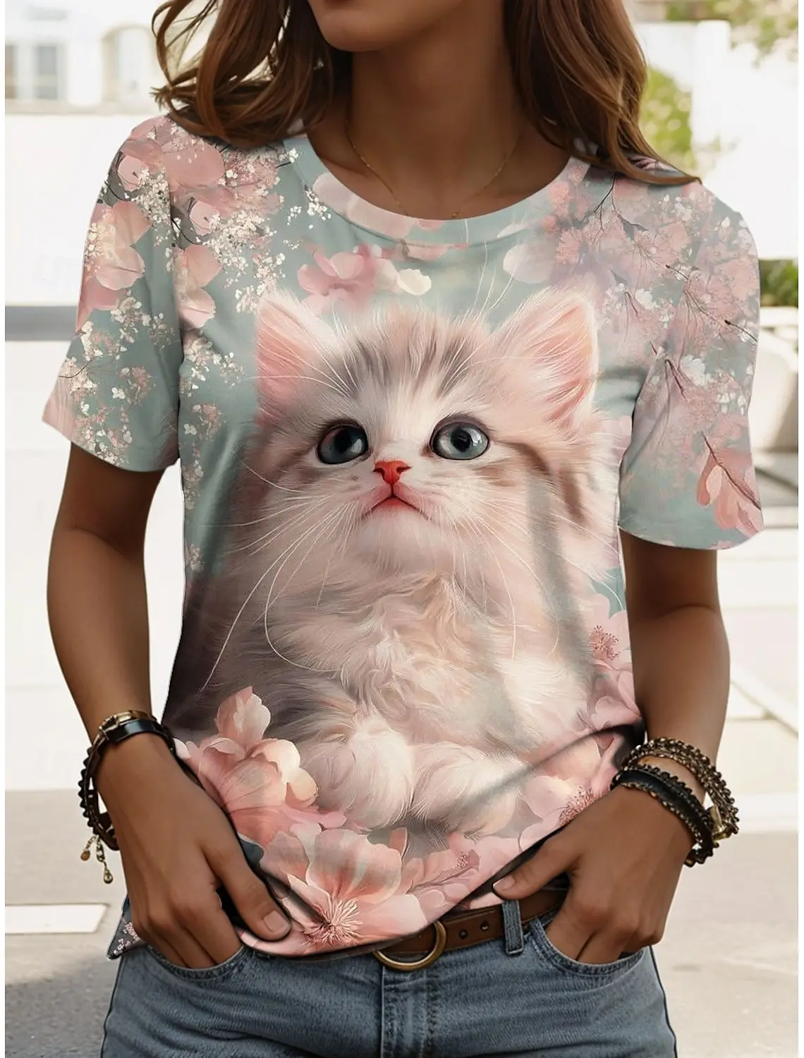 

Плюс размер Новые повседневные топы с короткими рукавами и круглым вырезом Обычные топы Повседневная одежда с принтом выходных Женская футболка Футболка с милым котом и графикой