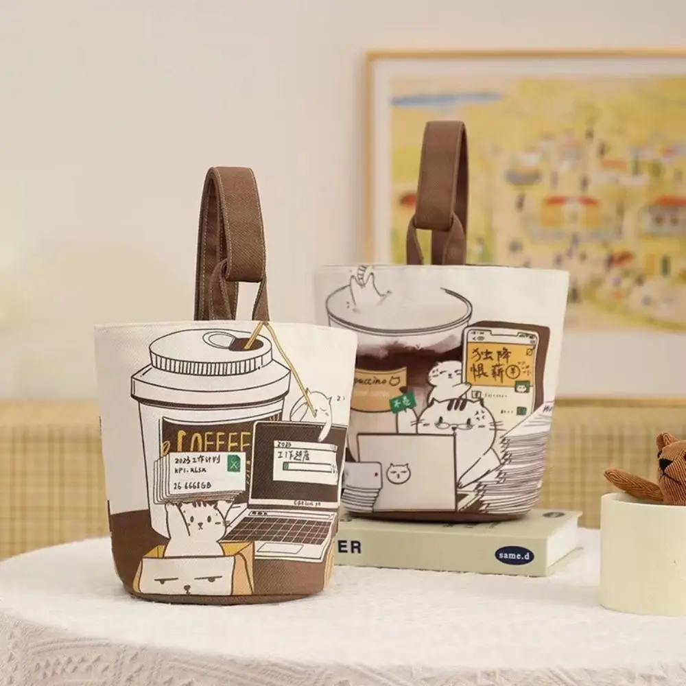 

Большая вместительная сумка-ведро с рисунком кофе и кота, парусиновая сумка, сумки для покупок, сумка для мамы, сумка-тоут в корейском стиле, сумка для обеда на открытом воздухе