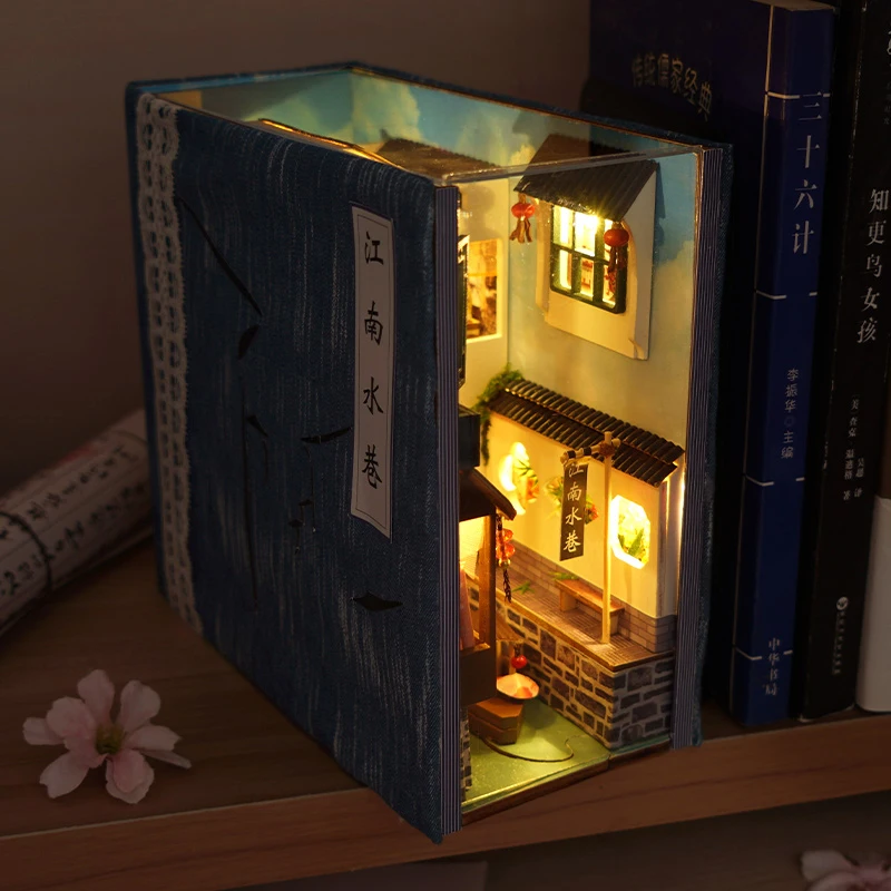 

Ретро кукольный домик DIY деревянный книжный уголок полка вставка миниатюрные кукольные домики 3D головоломка домашний декор для книг для детей рождественские подарки