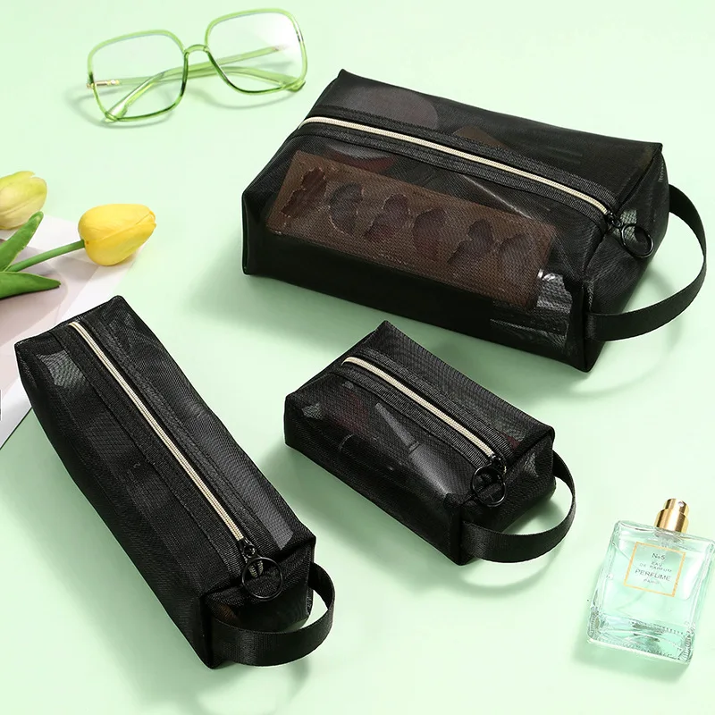 Large Capacity Ins-Style Mesh Tote Cosmetic Bag Portable Mesh Storage Pouch Simple Pen Case & Brush Holder for Makeup Storage