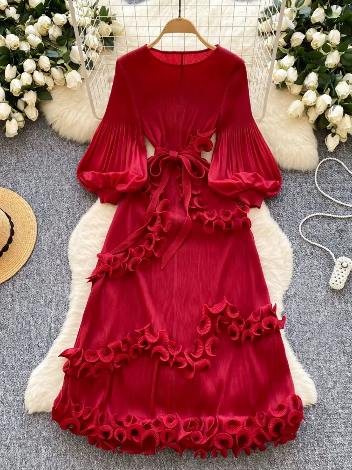 エレガントなプリーツコートスタイルランタンスリーブドレス レディース 春シーズン ハイウエストベルト付きロングドレス 韓国版Aラインスカート