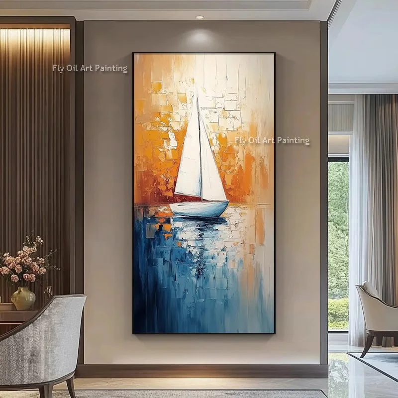 

Handmade Abstract Orange Blue Seascape Wall Art Large Boats On The Sea Thick Canvas Oil Painting Modern Artwork For Room Decor
